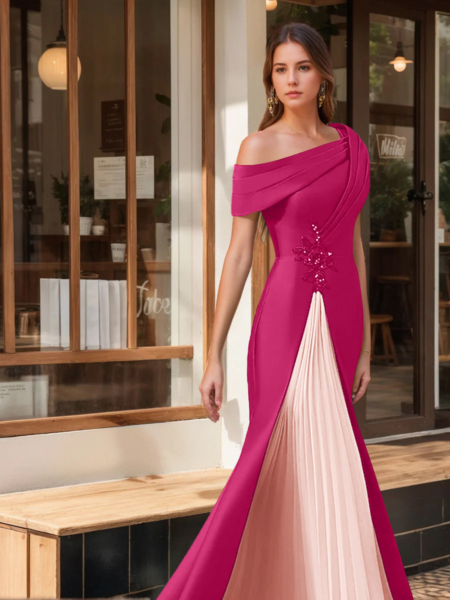 Evening Dresses with Ruffles & Appliques in Trumpet Mermaid Style and Short One Shoulder Sleeves
