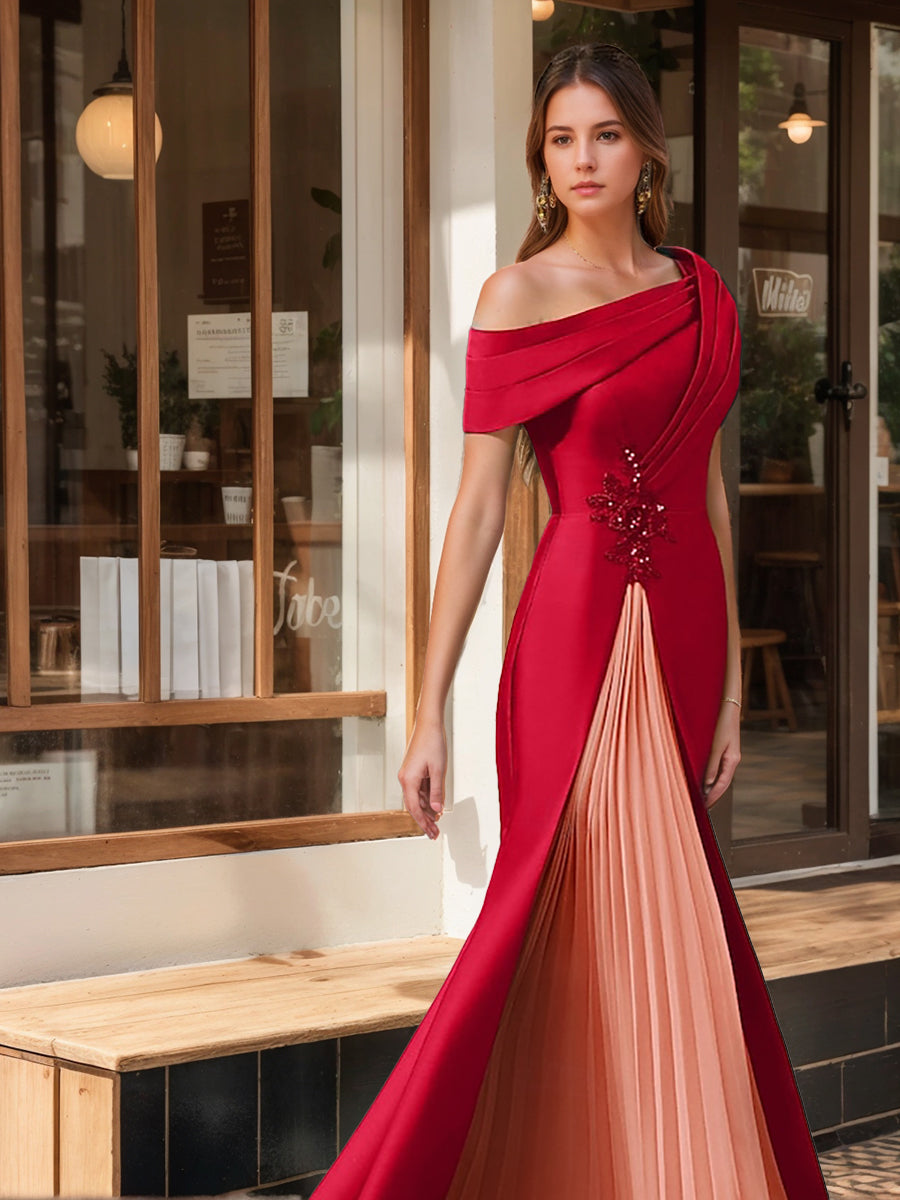 Evening Dresses with Ruffles & Appliques in Trumpet Mermaid Style and Short One Shoulder Sleeves