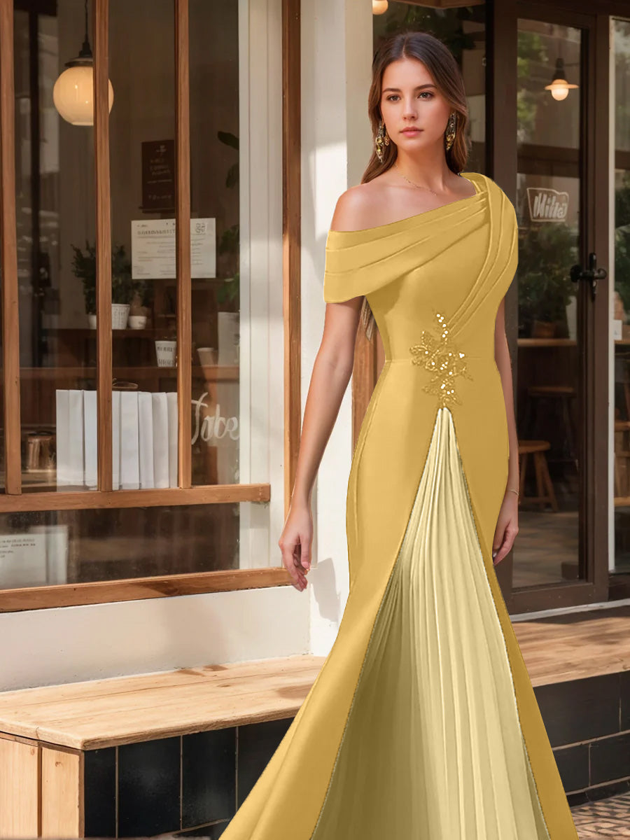 Evening Dresses with Ruffles & Appliques in Trumpet Mermaid Style and Short One Shoulder Sleeves