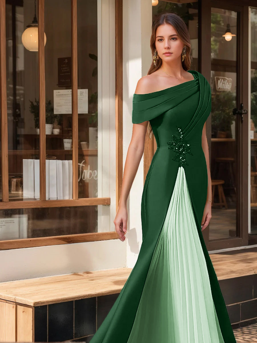 Evening Dresses with Ruffles & Appliques in Trumpet Mermaid Style and Short One Shoulder Sleeves