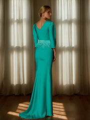 Evening Dresses with V Neck and 3/4 Sleeves Featuring Embroidery Belt & Feather in Trumpet Mermaid Style