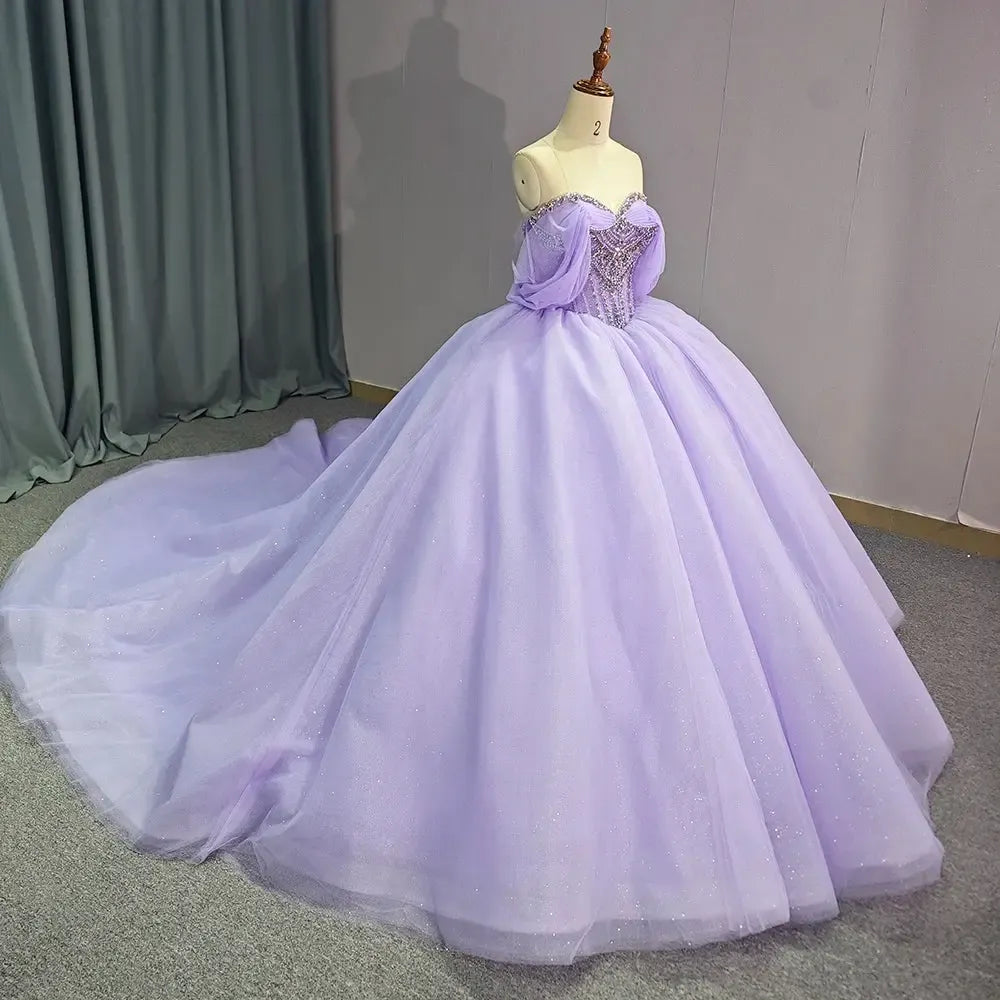 Exquisite Purple Quinceanera Dress Ball Gown Beaded Scoop Lace Up Short Sleeves Formal Sweet 16 Party Dress