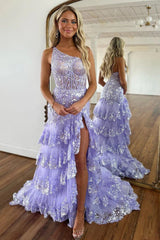 One Shoulder Mermaid Prom Dress Tiered Formal Dress Sequined Tulle Lace Evening Dress