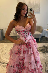 A Line Tiered Prom Dress Blush Sweetheart Corset Floral Long Formal Dress