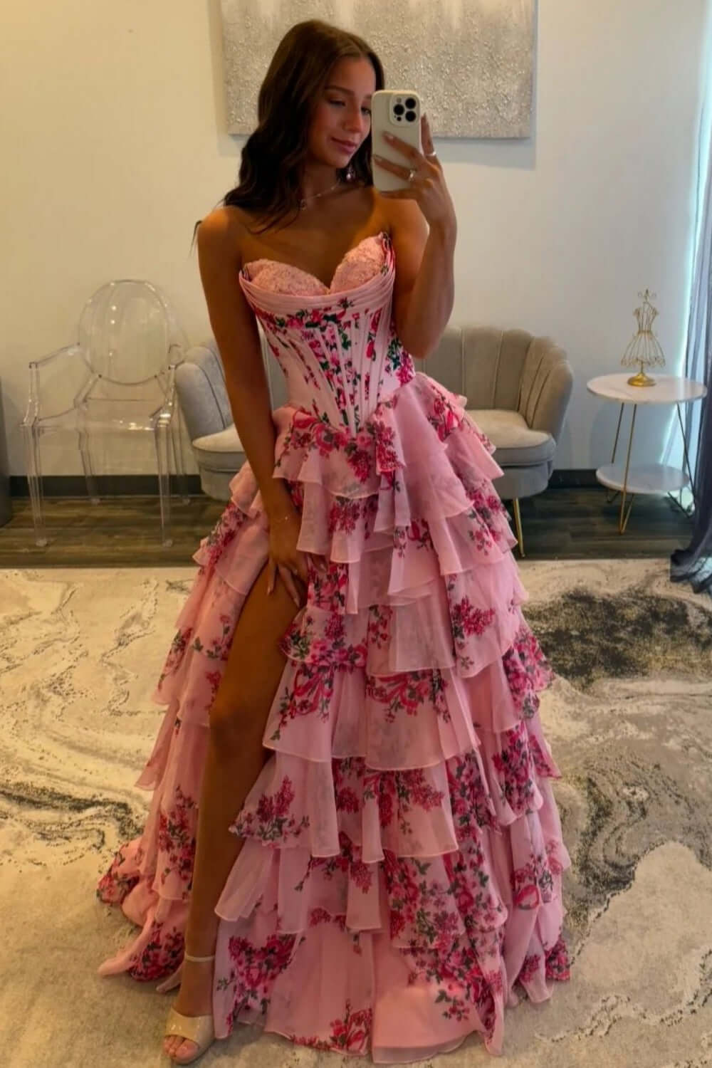 A Line Tiered Prom Dress Blush Sweetheart Corset Floral Long Formal Dress