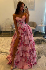 A Line Tiered Prom Dress Blush Sweetheart Corset Floral Long Formal Dress