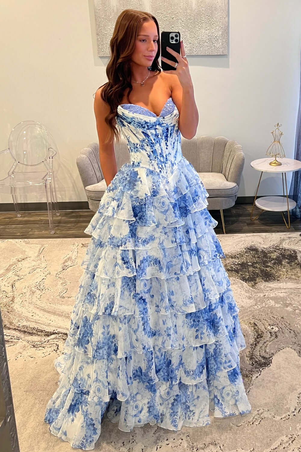 A Line Tiered Prom Dress Blush Sweetheart Corset Floral Long Formal Dress