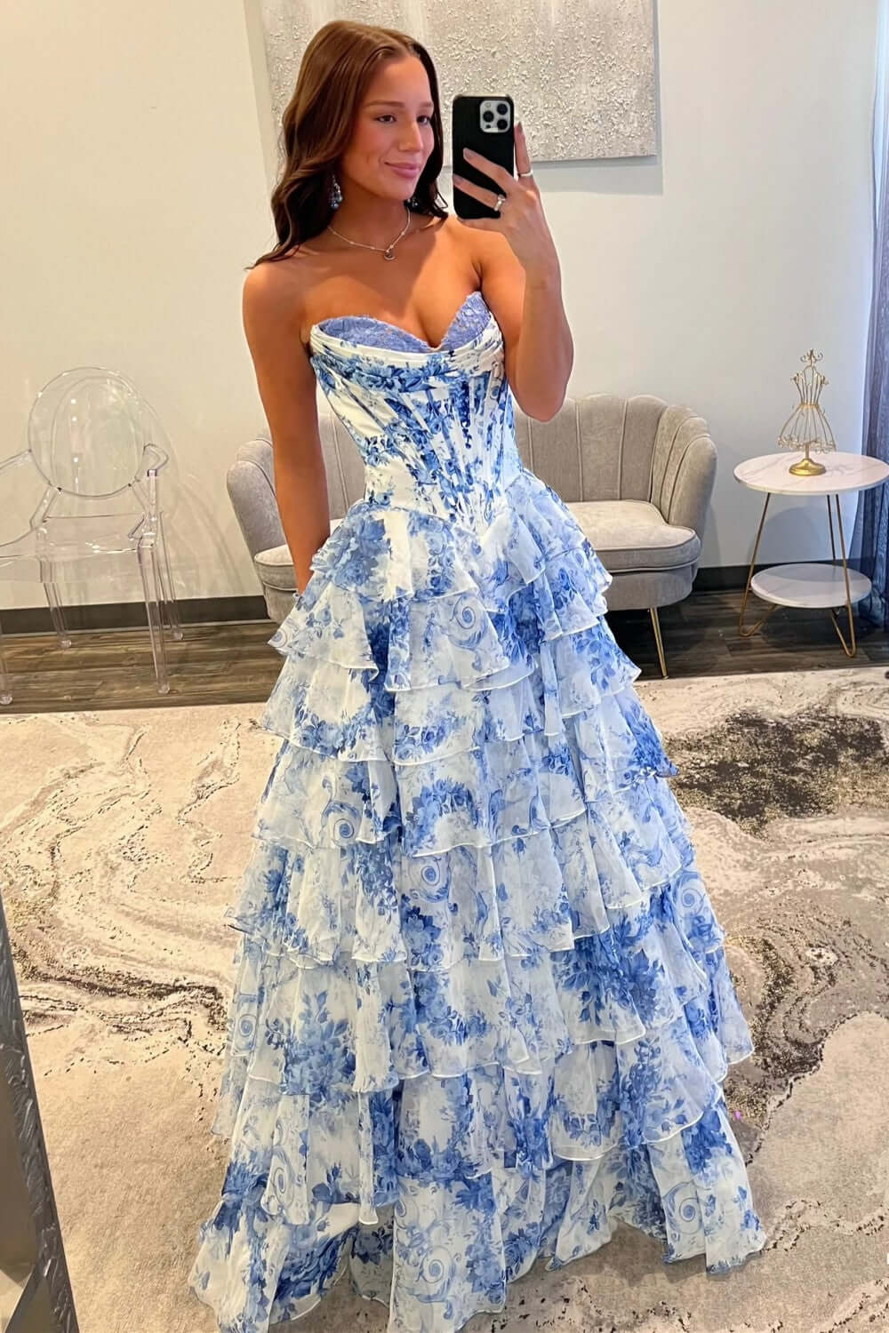 A Line Tiered Prom Dress Blush Sweetheart Corset Floral Long Formal Dress
