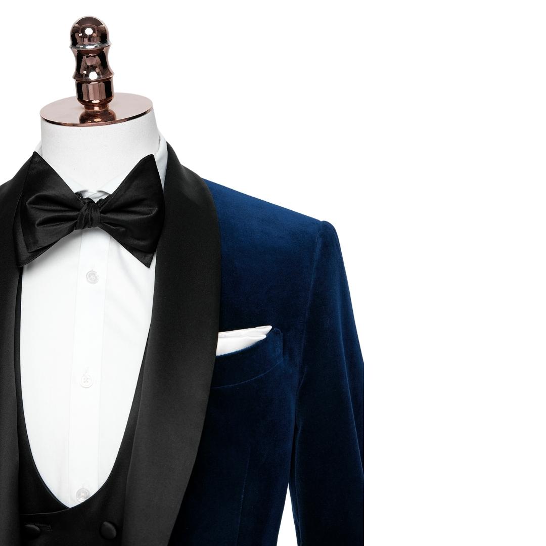 Fancy Navy Blue Shawl Lapel 3 Piece Velvet Wedding Suit
