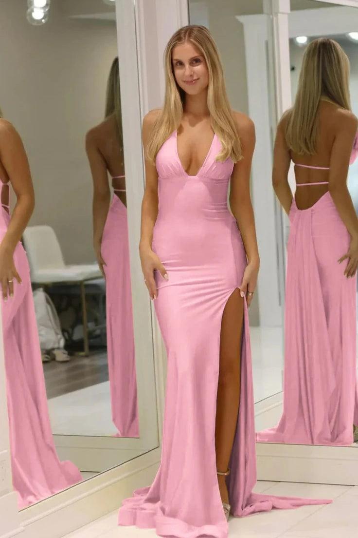 Fashion Forward Deep V-Neck Mermaid Style With Flowing Satin And Slit Prom Dress Formal Evening Gown