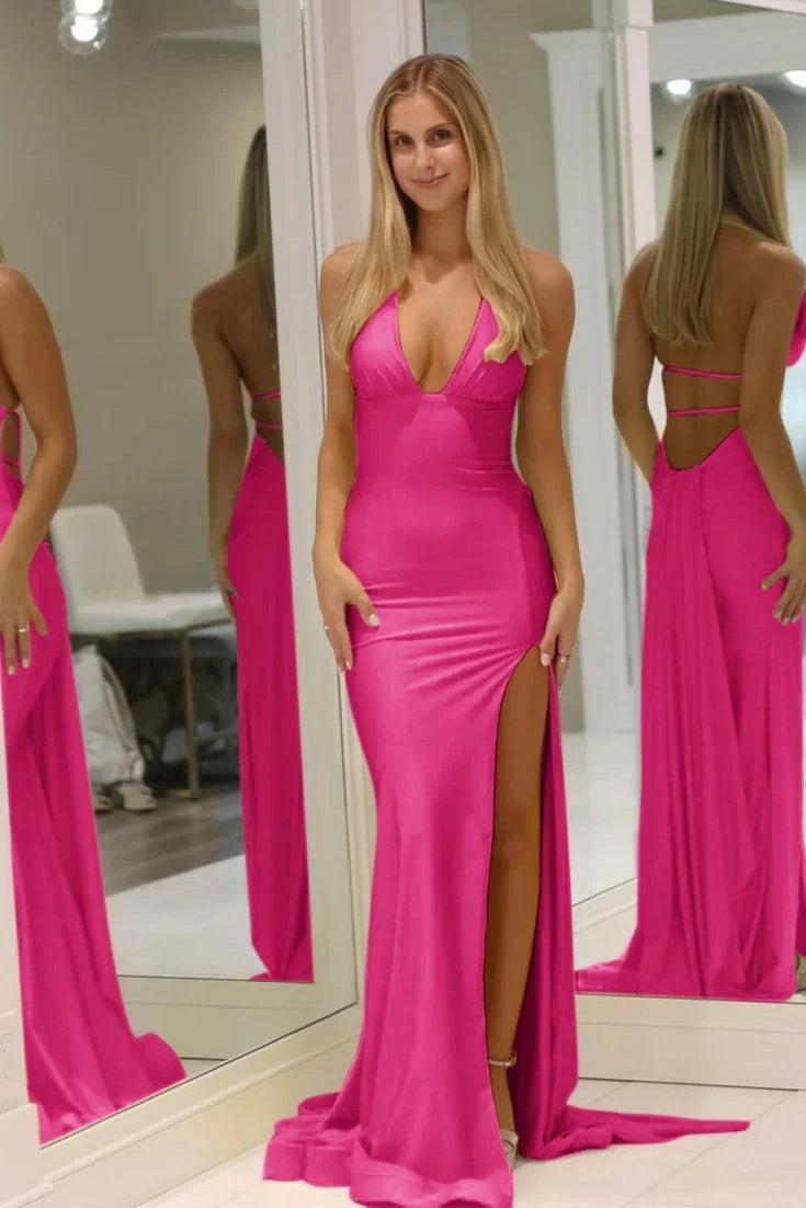 Fashion Forward Deep V-Neck Mermaid Style With Flowing Satin And Slit Prom Dress Formal Evening Gown