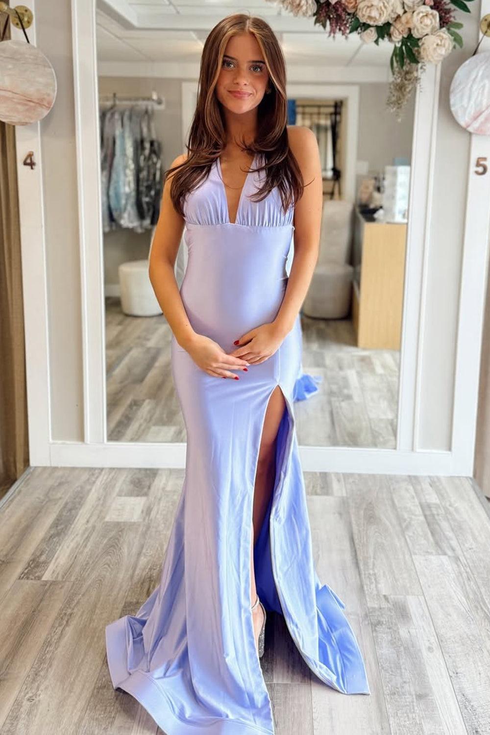 Fashion Forward Deep V-Neck Mermaid Style With Flowing Satin And Slit Prom Dress Formal Evening Gown