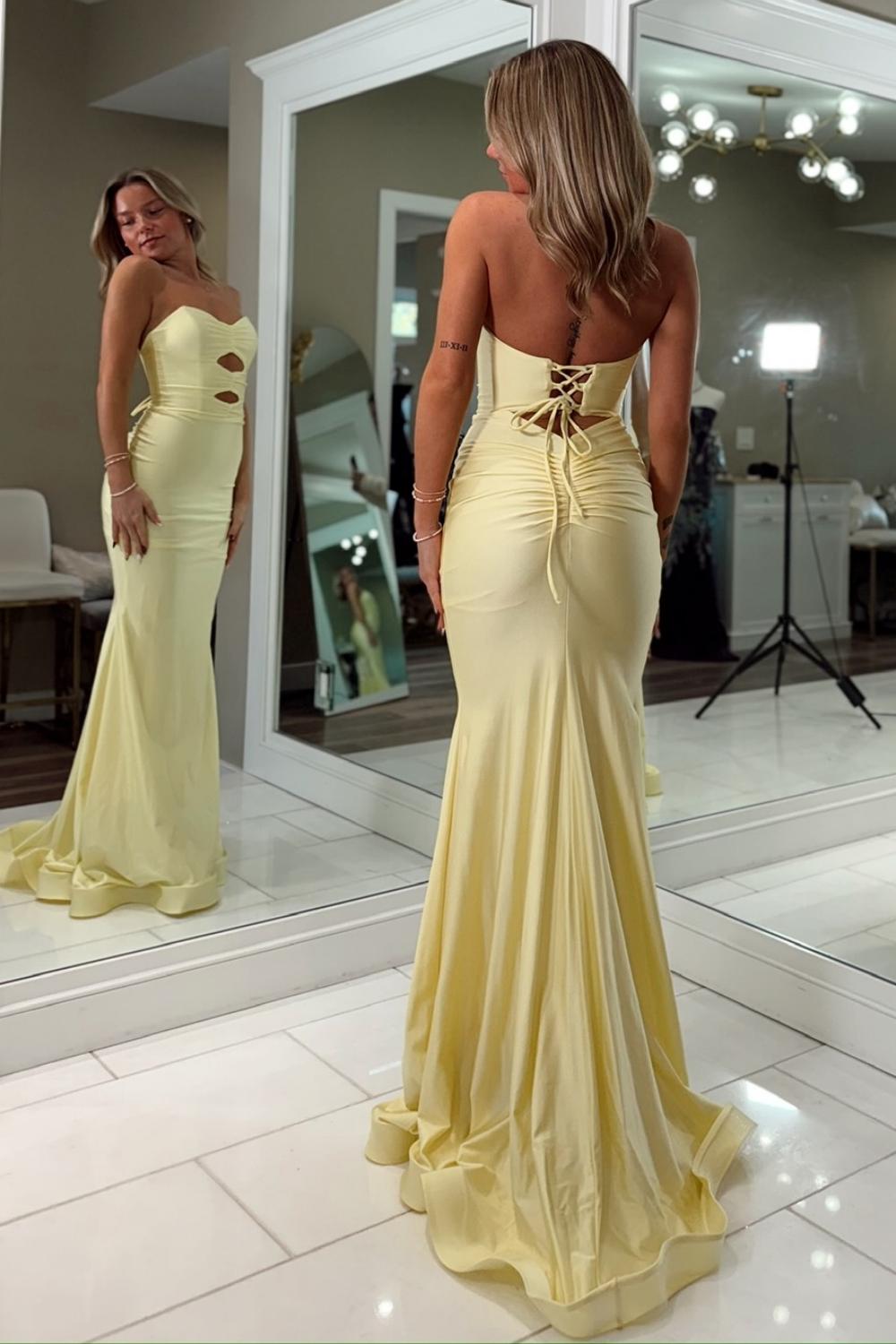 Fashionable Mermaid Sweetheart Yellow Long Prom Dress With Keyhole Criss Cross Back Formal Evening Gown