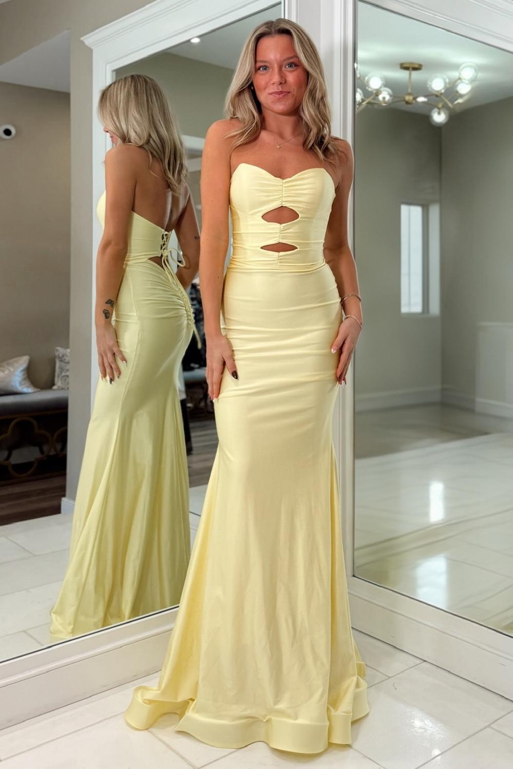 Fashionable Mermaid Sweetheart Yellow Long Prom Dress With Keyhole Criss Cross Back Formal Evening Gown