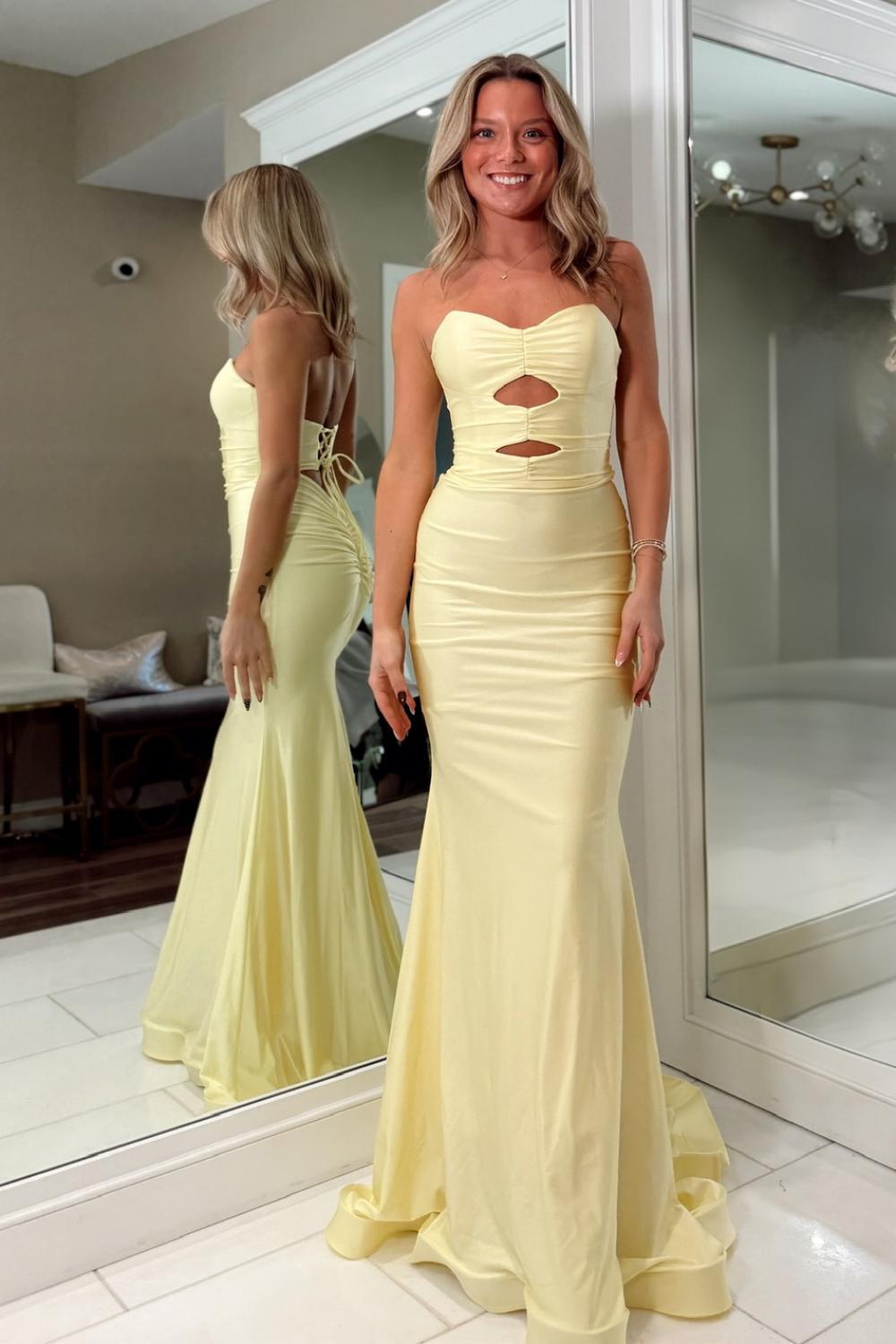 Fashionable Mermaid Sweetheart Yellow Long Prom Dress With Keyhole Criss Cross Back Formal Evening Gown