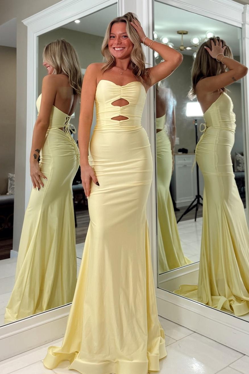 Fashionable Mermaid Sweetheart Yellow Long Prom Dress With Keyhole Criss Cross Back Formal Evening Gown