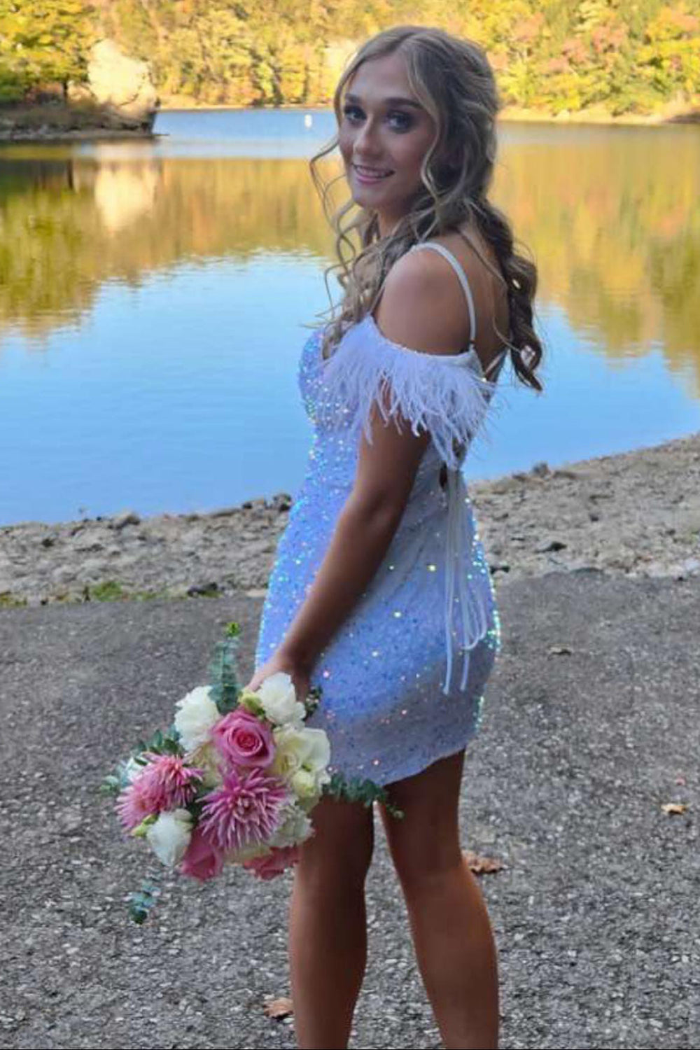 Feathered Black Homecoming Dress Sequined Bodycon Prom Dress