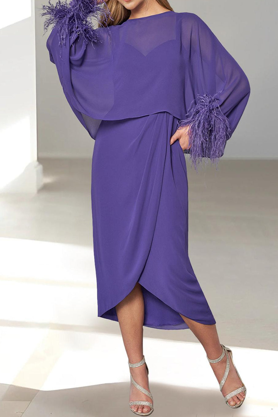Feathered Jacket Tea Length Mother of the Bride A Line Dresses