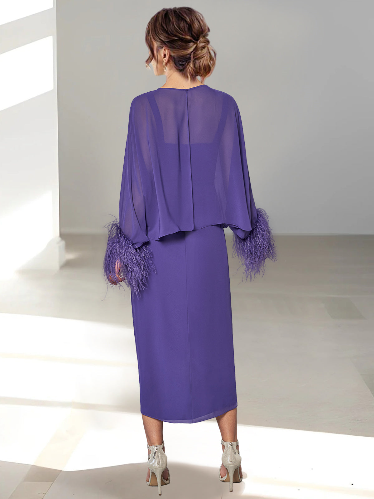 Feathered Jacket Tea Length Mother of the Bride A Line Dresses