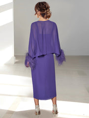 Feathered Jacket Tea Length Mother of the Bride A Line Dresses
