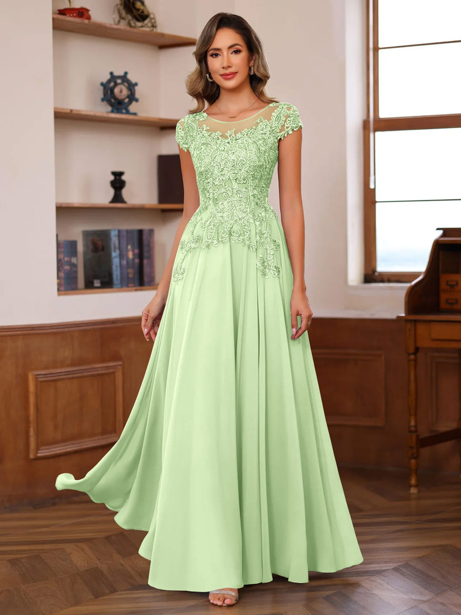 Long A Line Mother of the Bride Dress with Scoop Neck and Short Sleeves Featuring Appliques