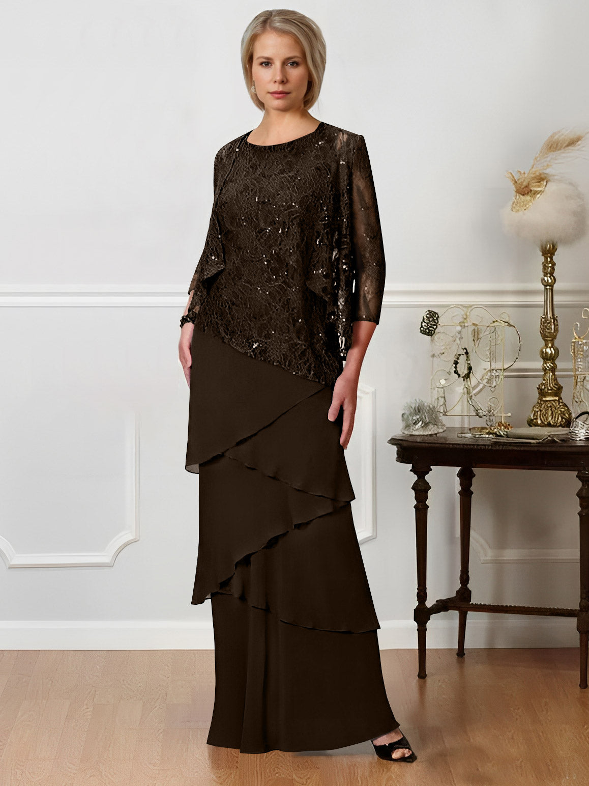 Long A Line Mother of the Bride Dresses with Jewel Neck