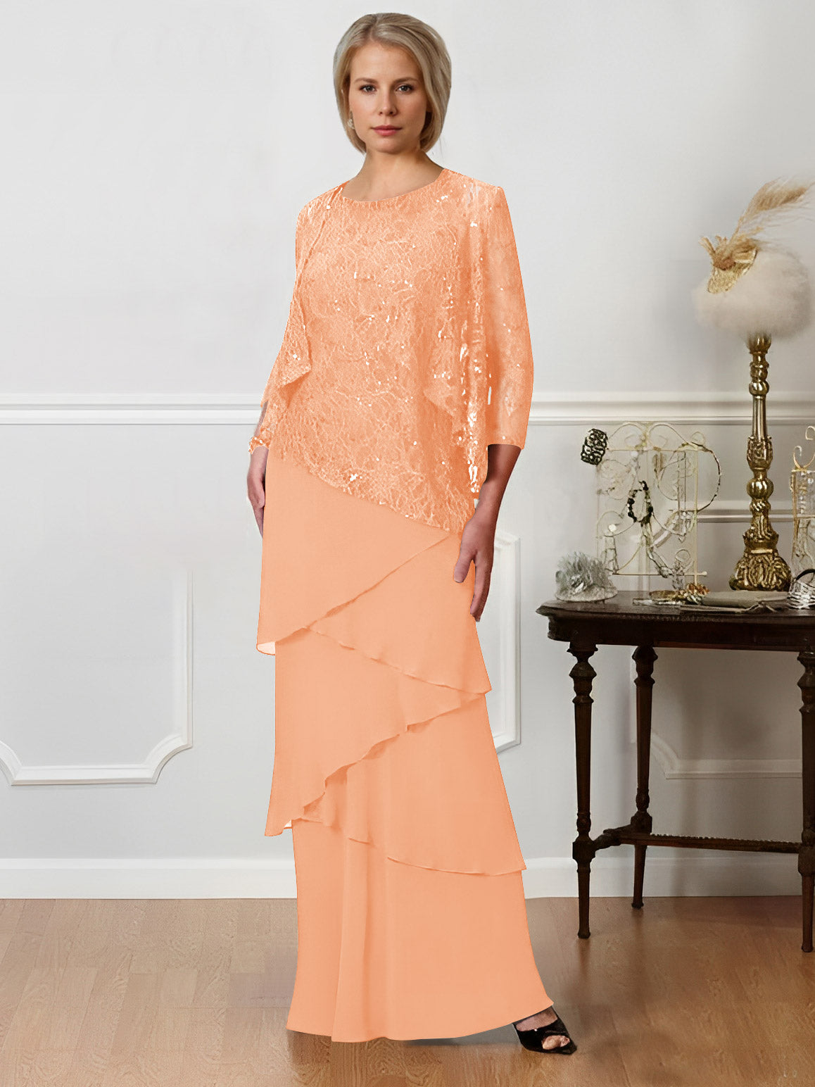 Long A Line Mother of the Bride Dresses with Jewel Neck