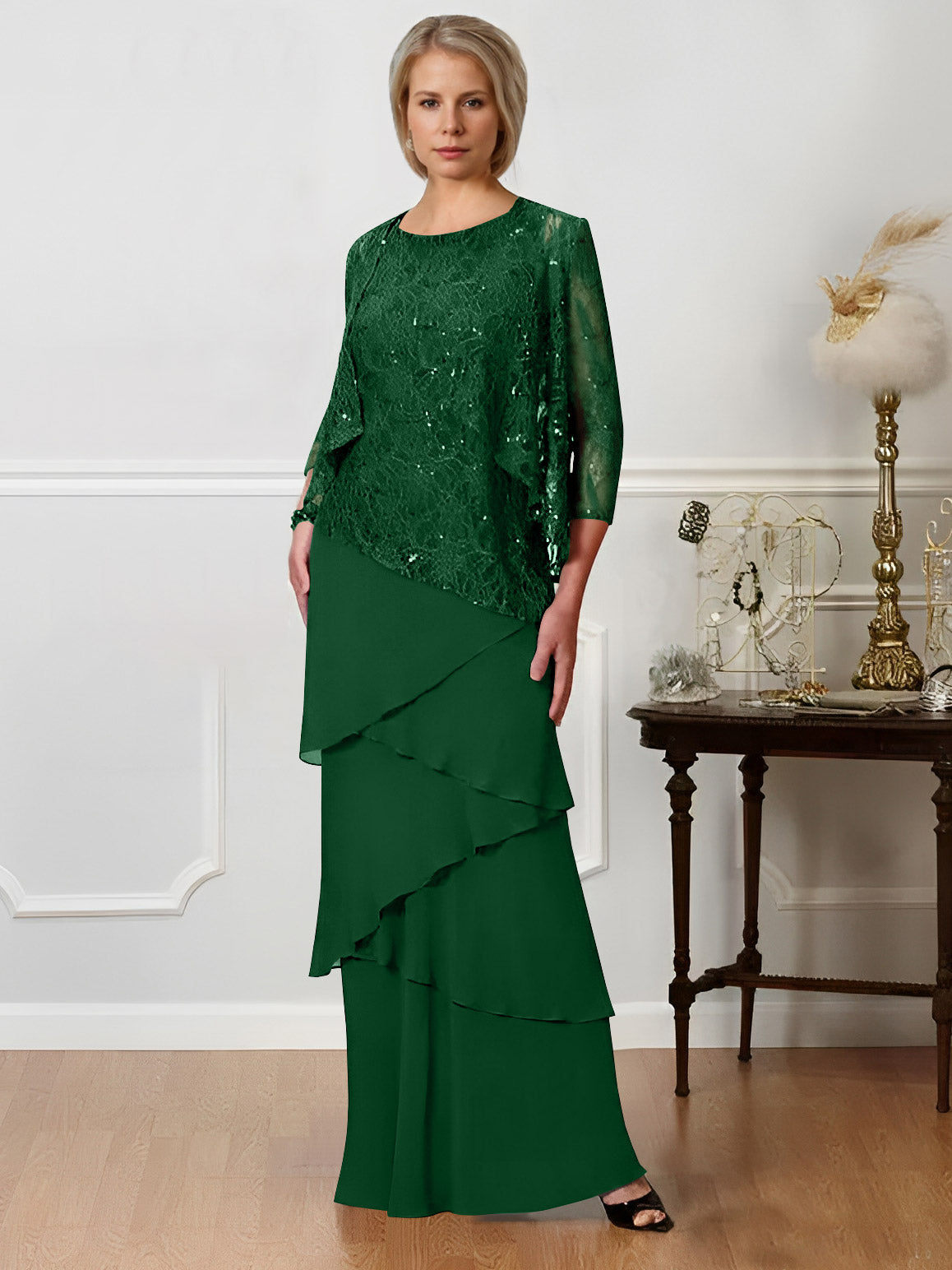 Long A Line Mother of the Bride Dresses with Jewel Neck