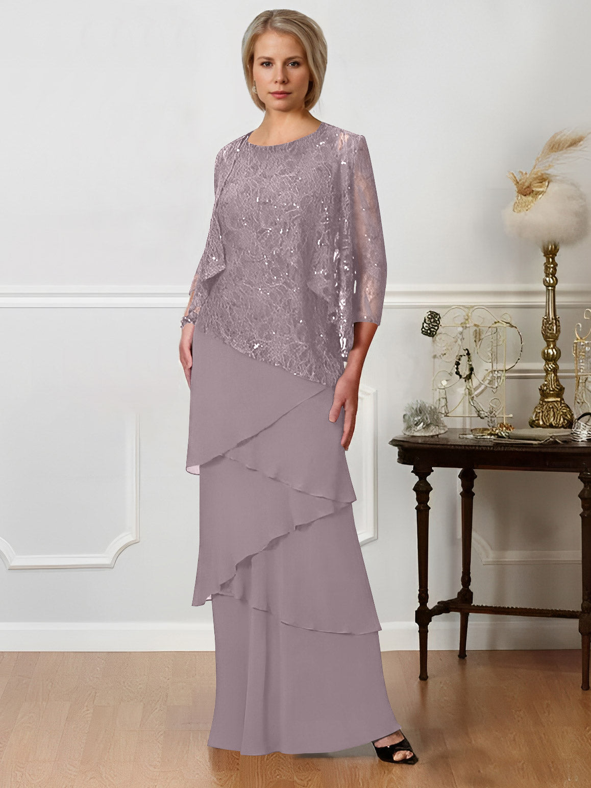 Long A Line Mother of the Bride Dresses with Jewel Neck