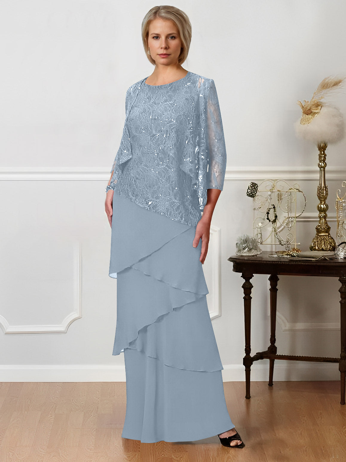 Long A Line Mother of the Bride Dresses with Jewel Neck