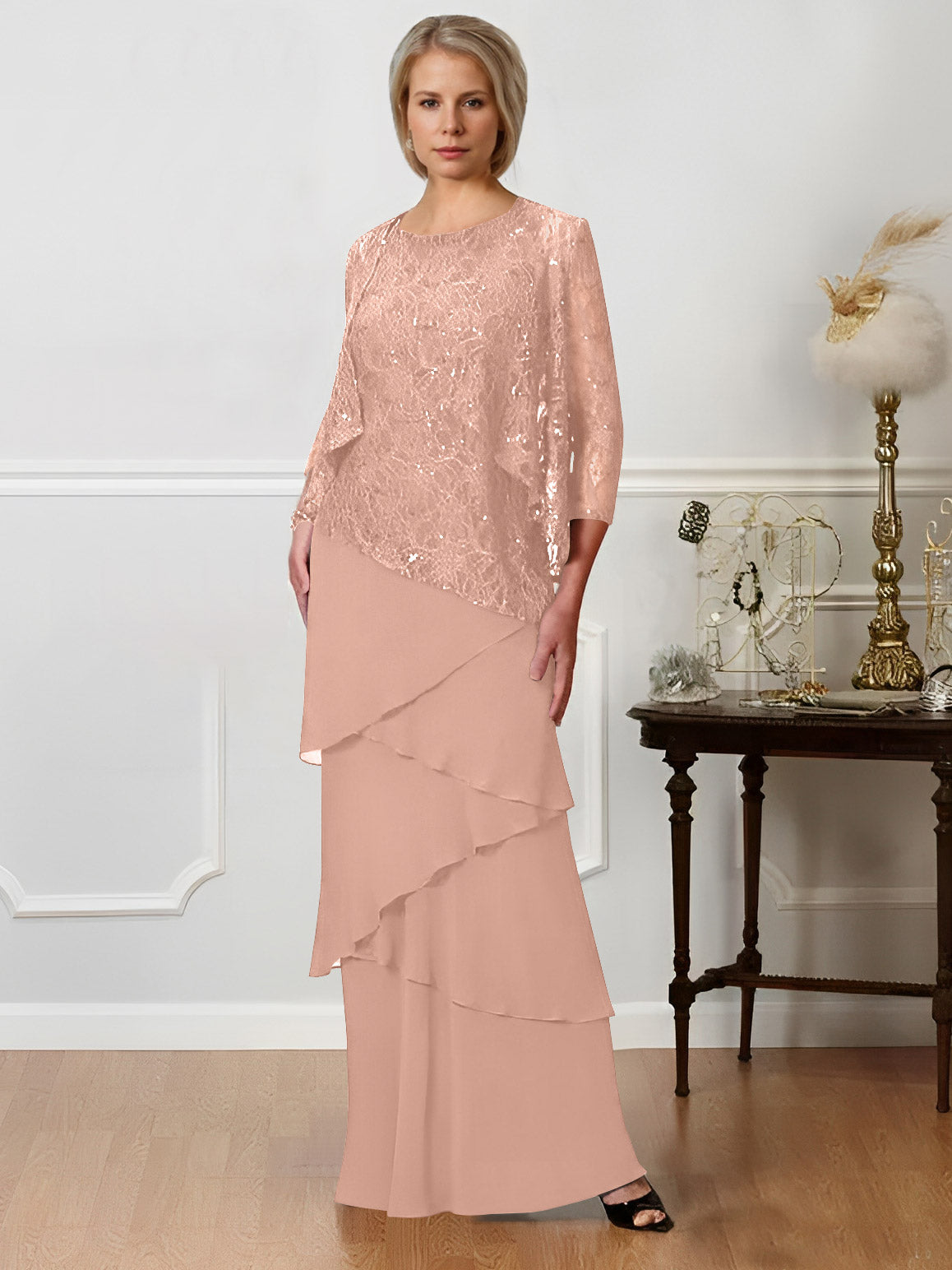 Long A Line Mother of the Bride Dresses with Jewel Neck