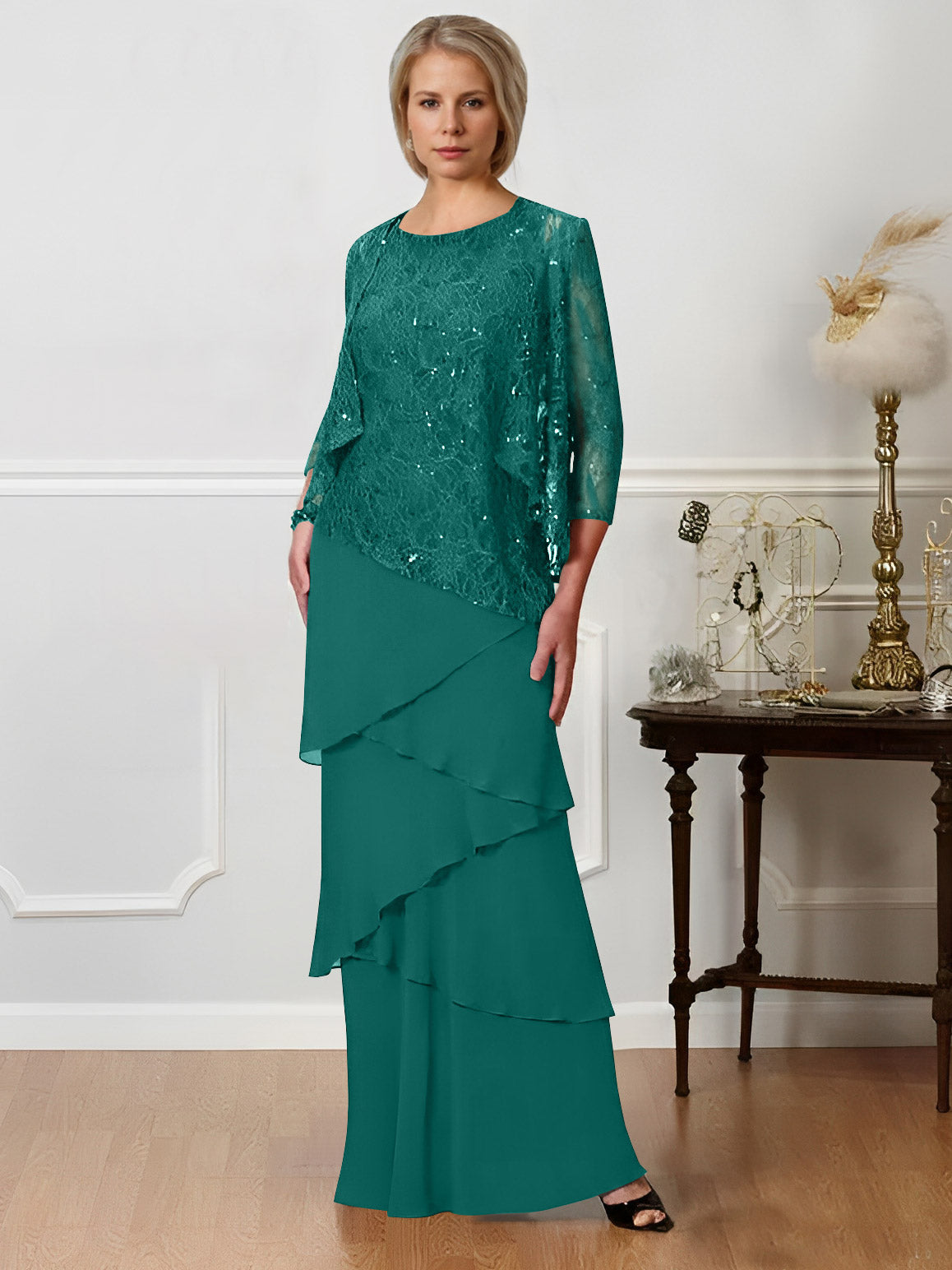 Long A Line Mother of the Bride Dresses with Jewel Neck