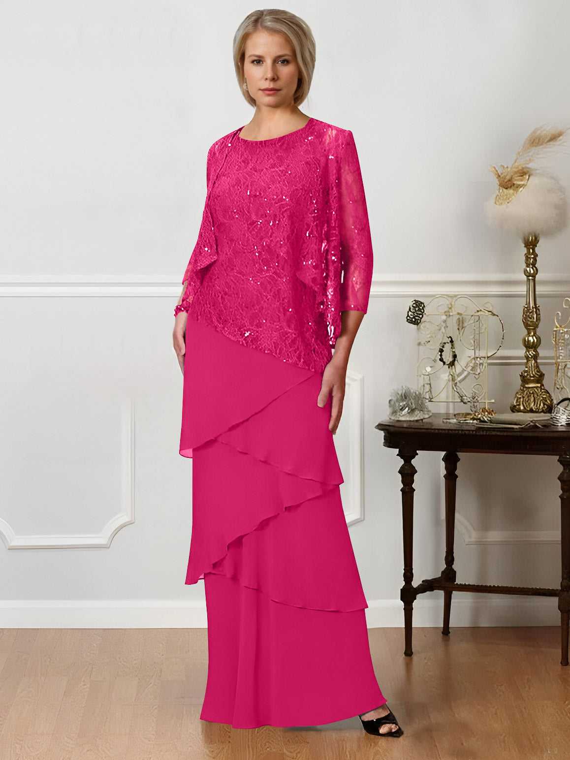 Long A Line Mother of the Bride Dresses with Jewel Neck