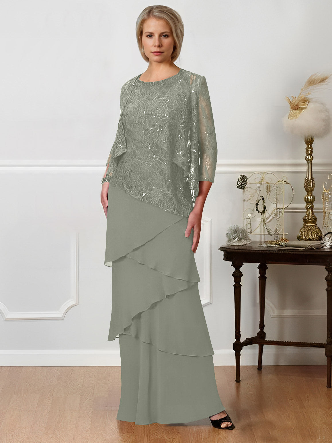 Long A Line Mother of the Bride Dresses with Jewel Neck