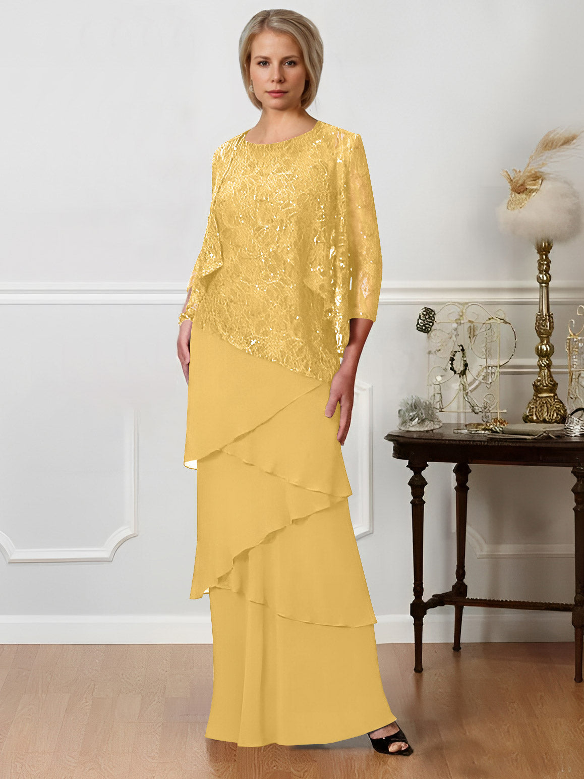 Long A Line Mother of the Bride Dresses with Jewel Neck