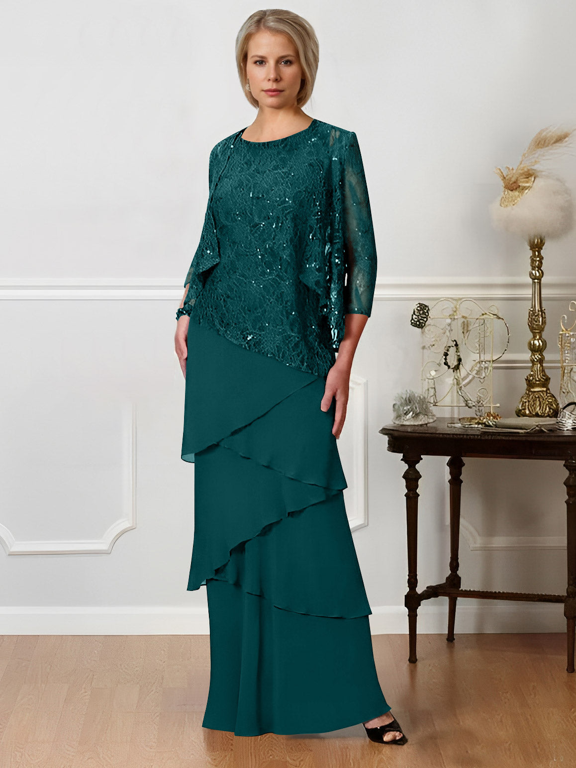 Long A Line Mother of the Bride Dresses with Jewel Neck