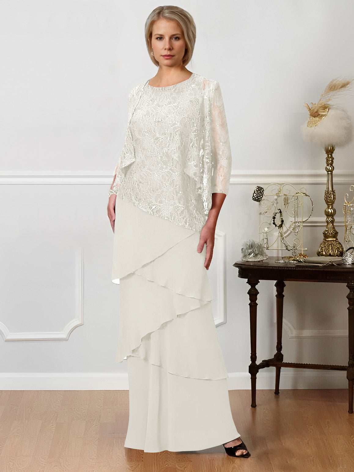 Long A Line Mother of the Bride Dresses with Jewel Neck