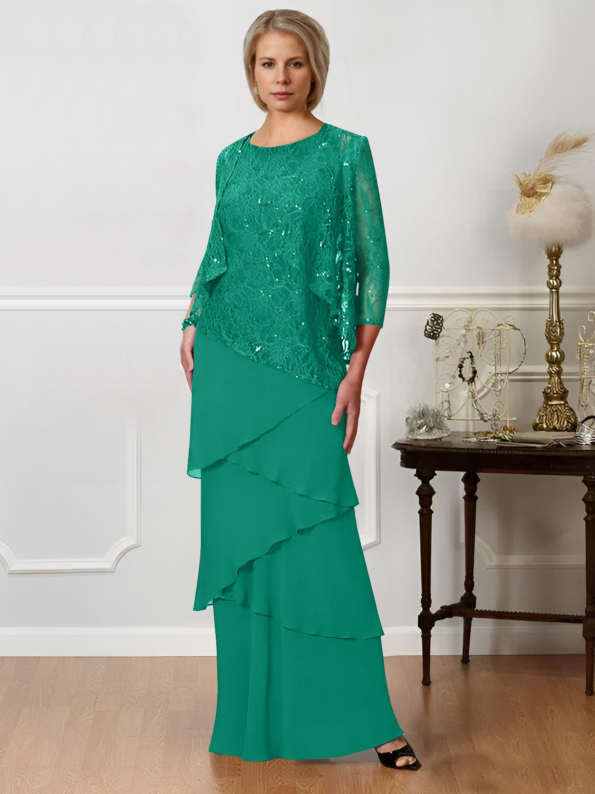 Long A Line Mother of the Bride Dresses with Jewel Neck