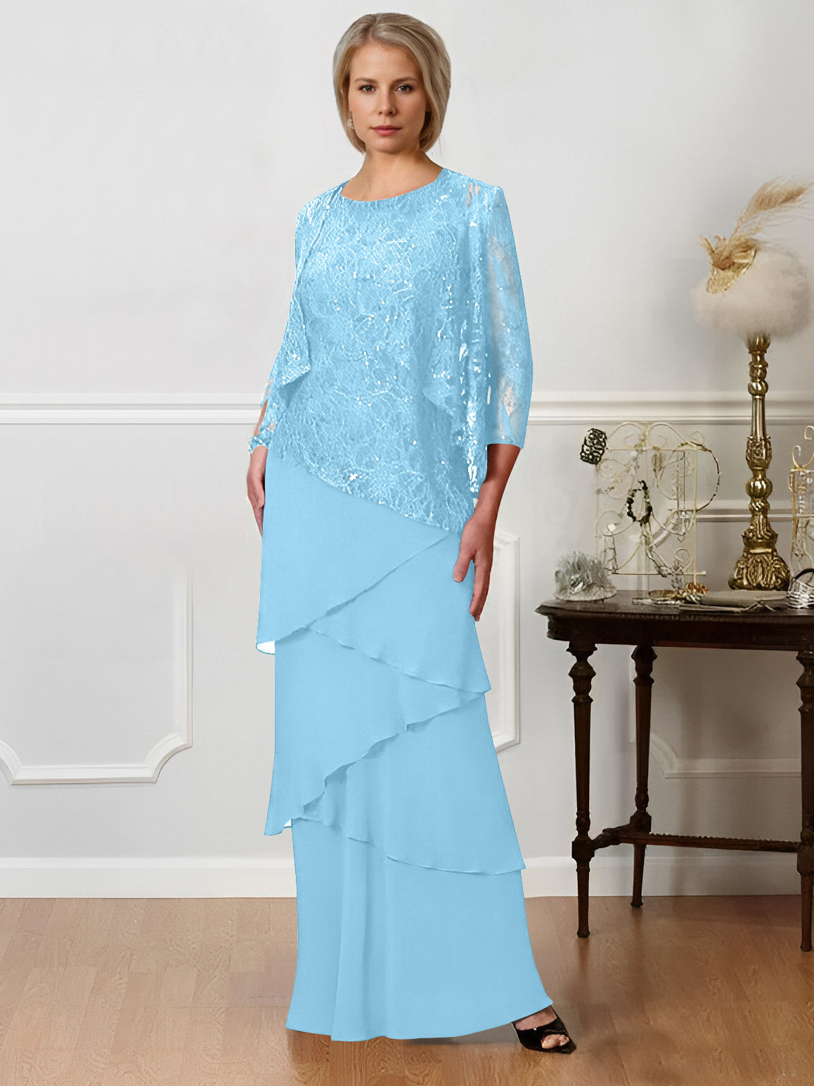 Long A Line Mother of the Bride Dresses with Jewel Neck