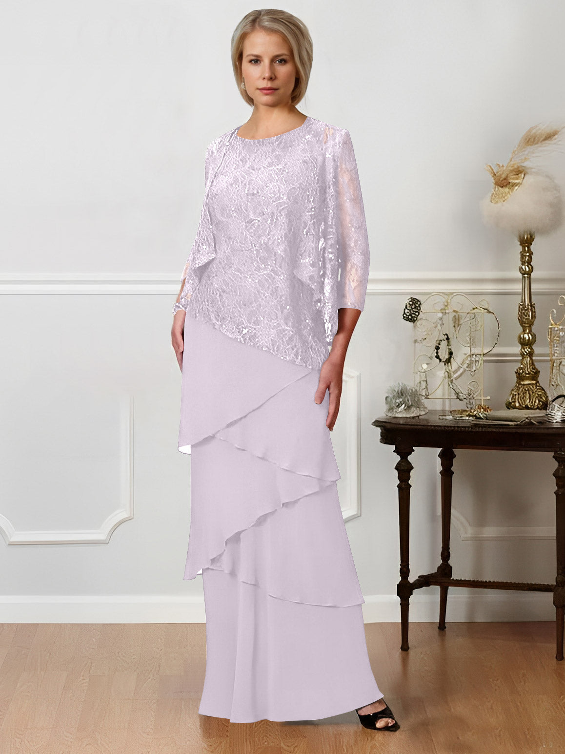 Long A Line Mother of the Bride Dresses with Jewel Neck