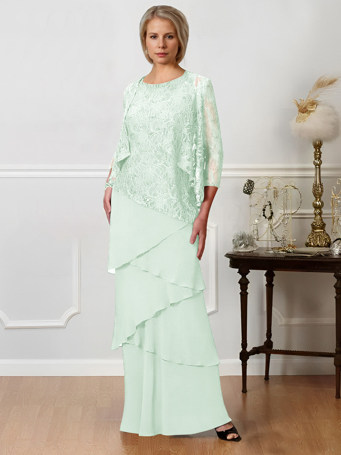 Long A Line Mother of the Bride Dresses with Jewel Neck