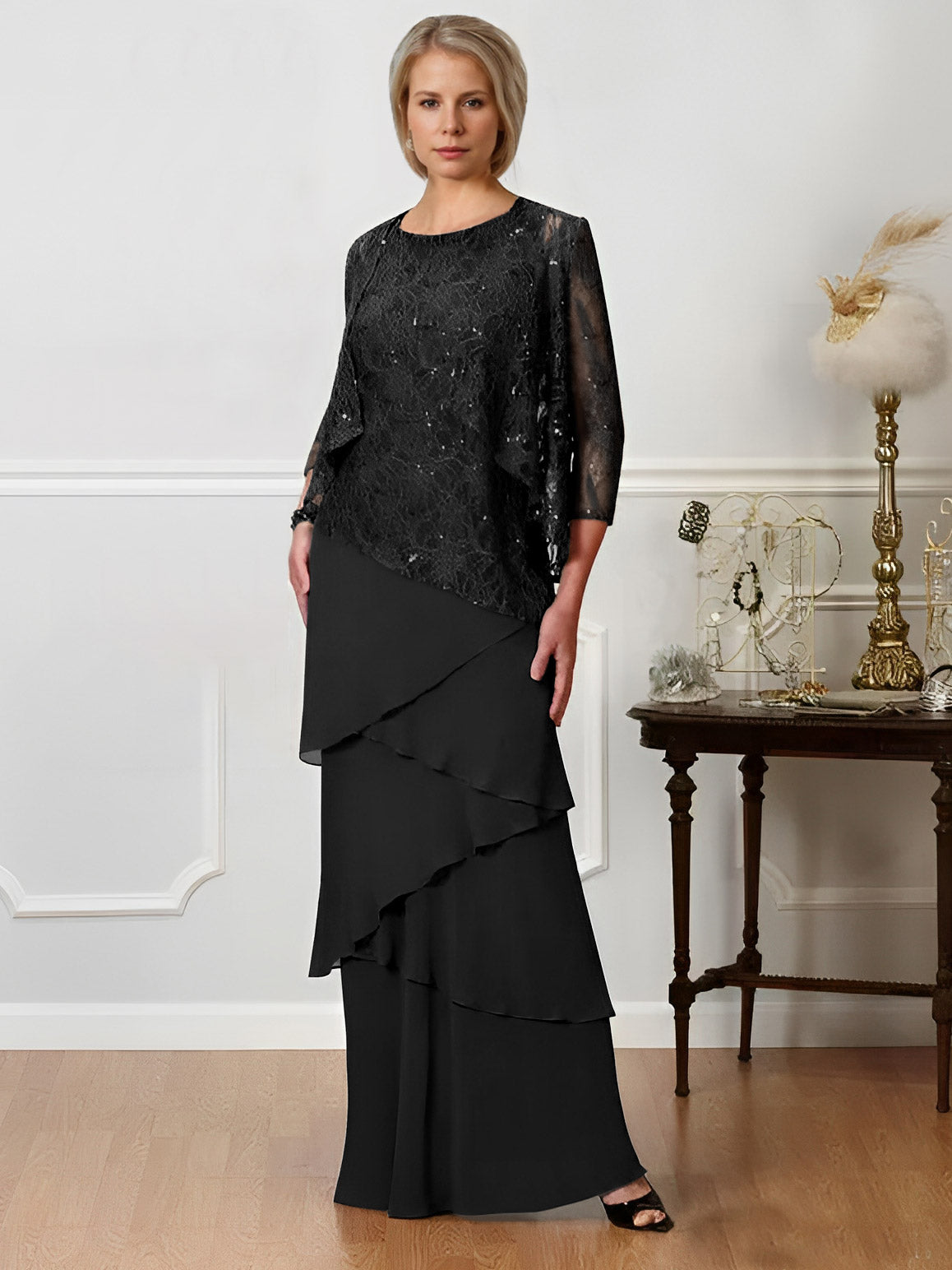 Long A Line Mother of the Bride Dresses with Jewel Neck