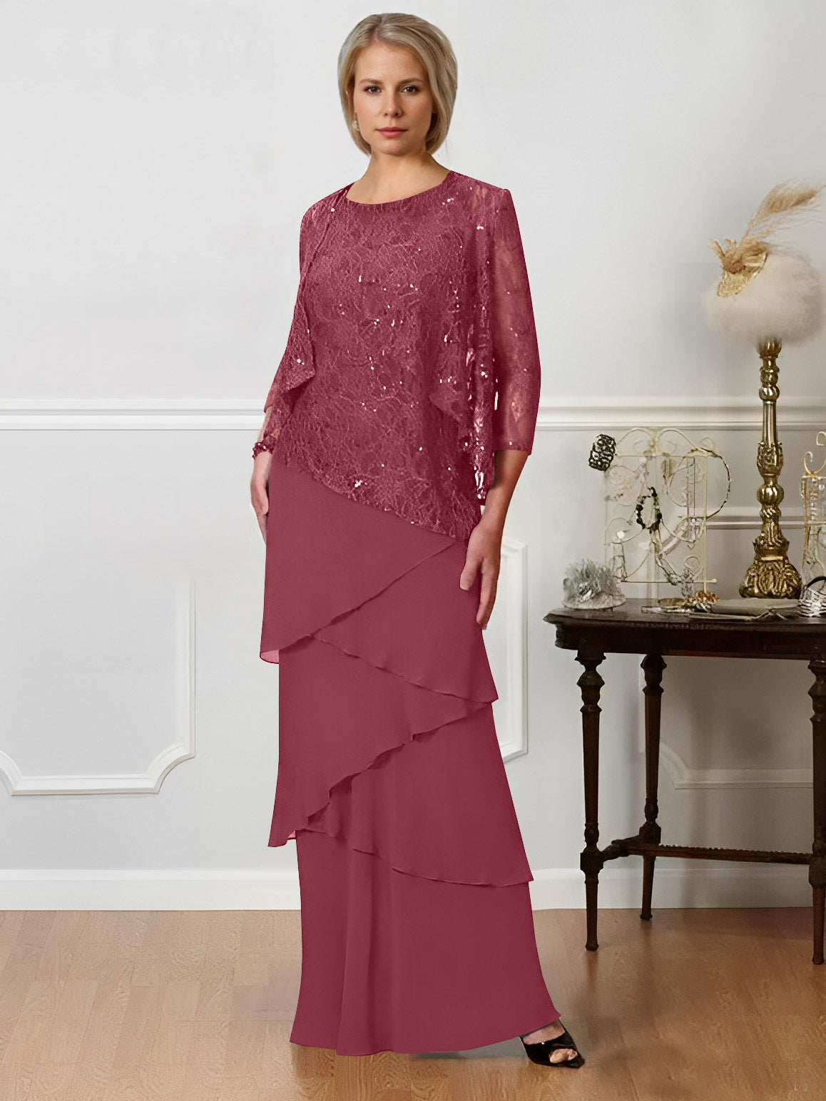 Long A Line Mother of the Bride Dresses with Jewel Neck