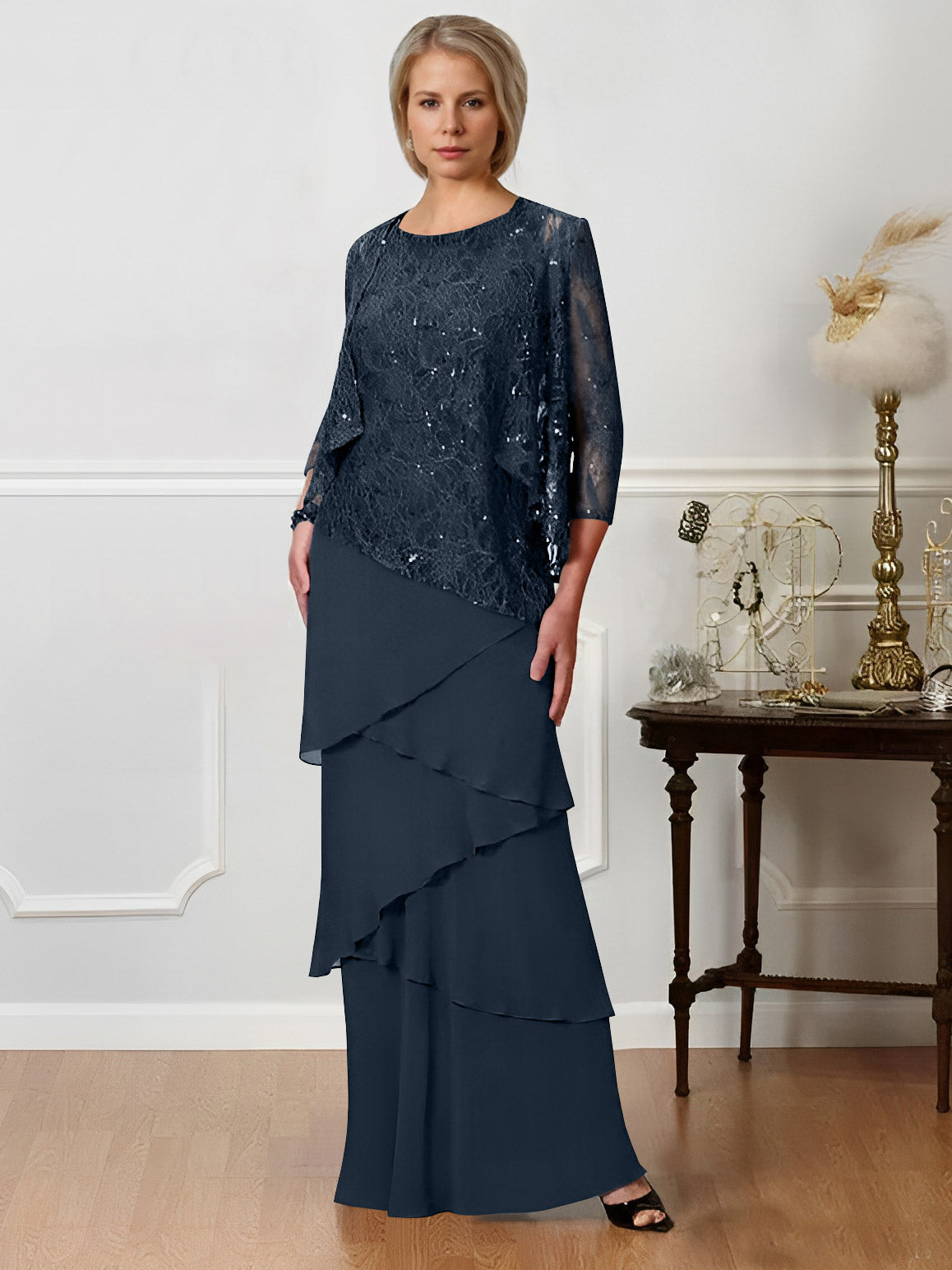 Long A Line Mother of the Bride Dresses with Jewel Neck