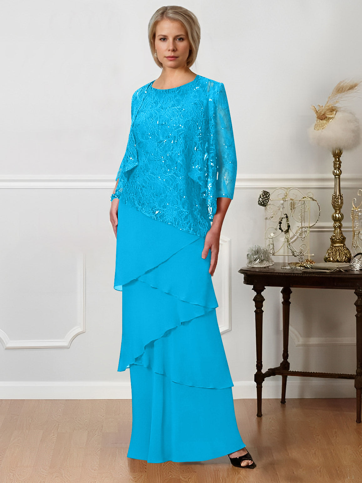 Long A Line Mother of the Bride Dresses with Jewel Neck