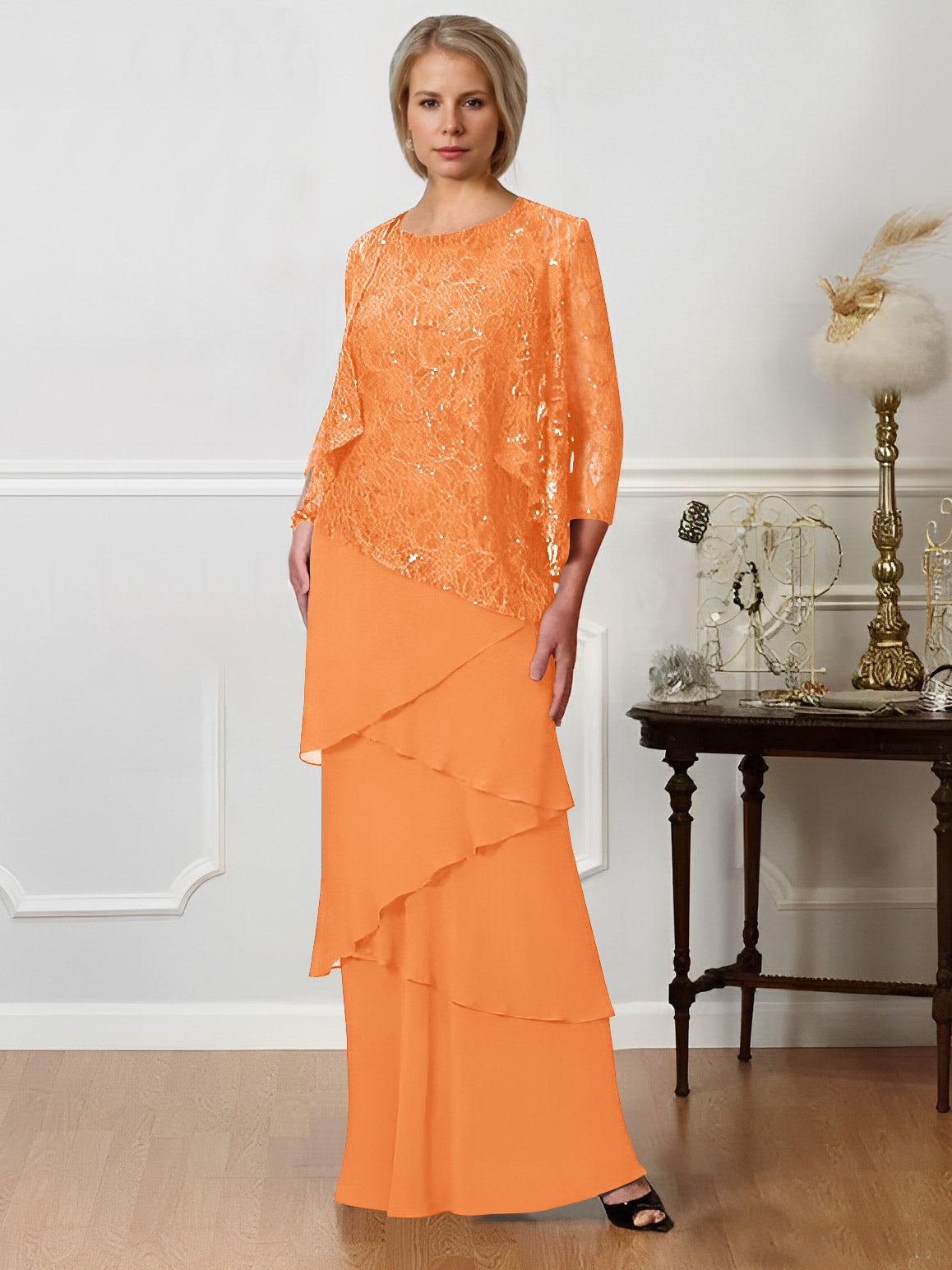 Long A Line Mother of the Bride Dresses with Jewel Neck