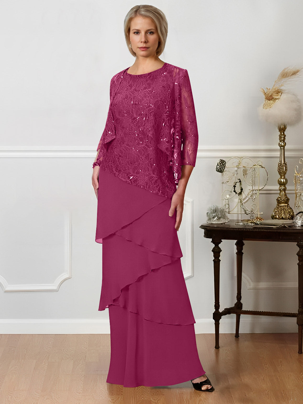 Long A Line Mother of the Bride Dresses with Jewel Neck