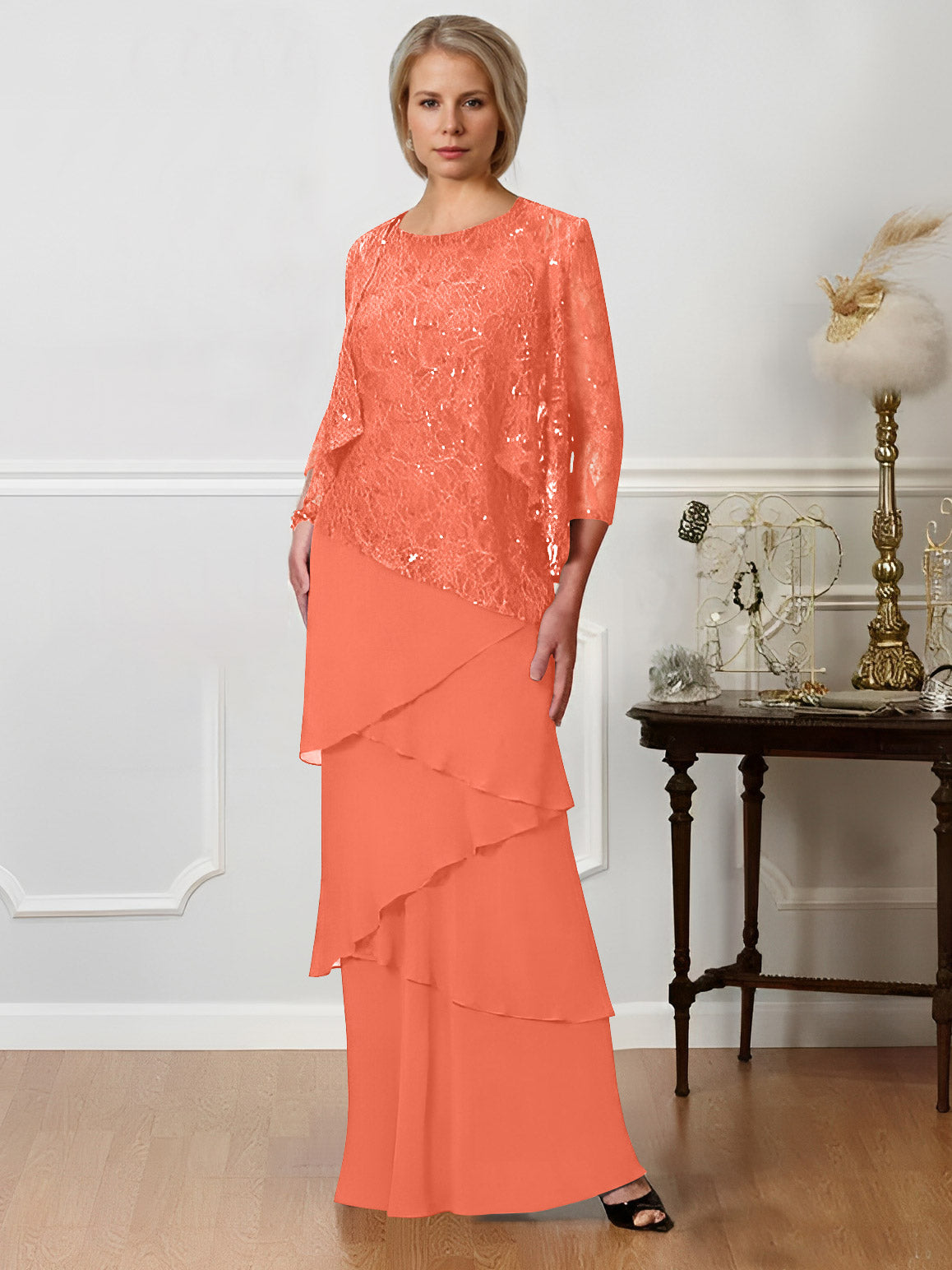 Long A Line Mother of the Bride Dresses with Jewel Neck