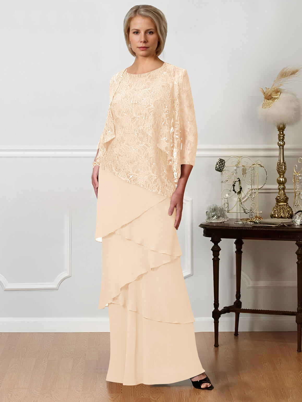 Long A Line Mother of the Bride Dresses with Jewel Neck