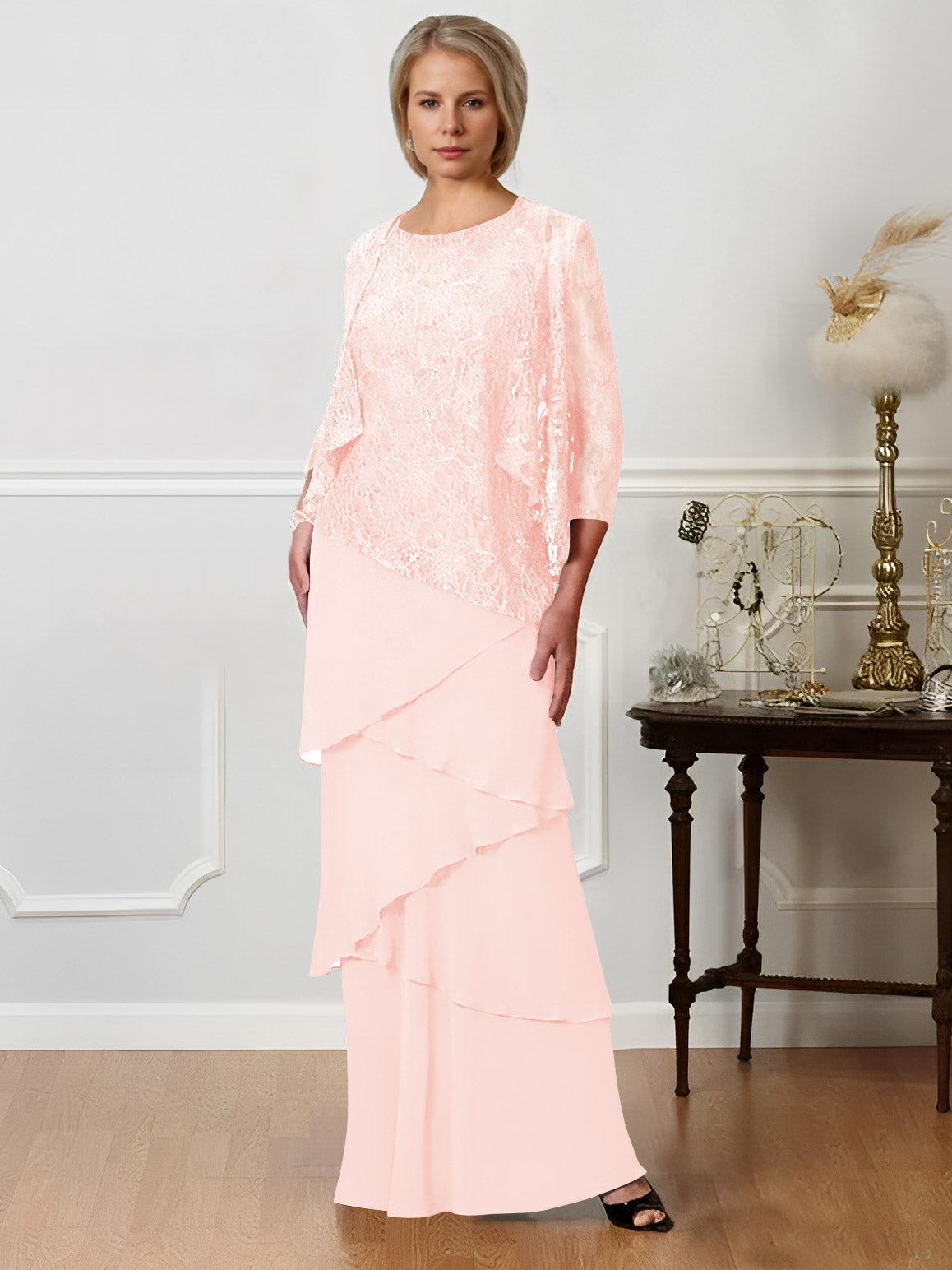 Long A Line Mother of the Bride Dresses with Jewel Neck